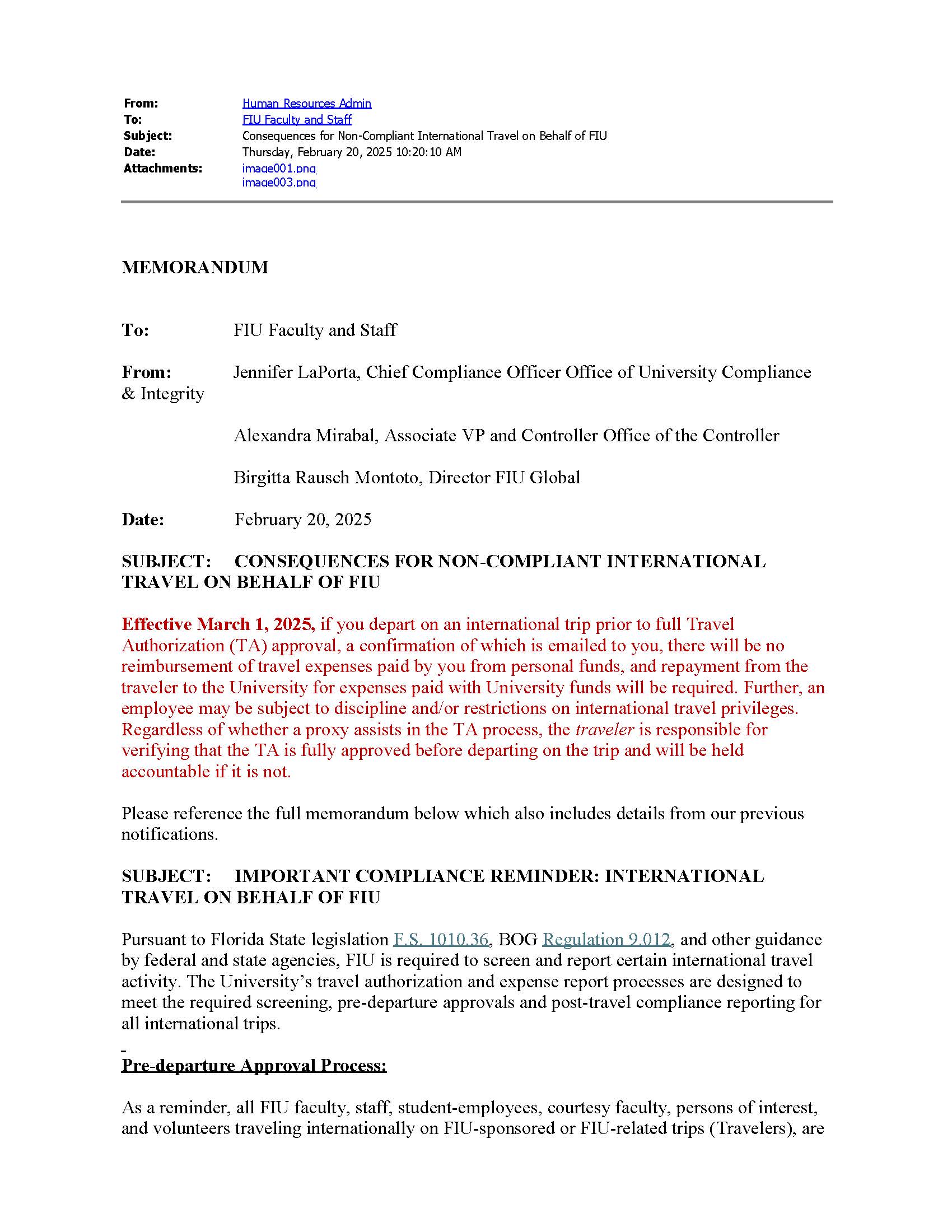 Memo on non-compliant intl travel